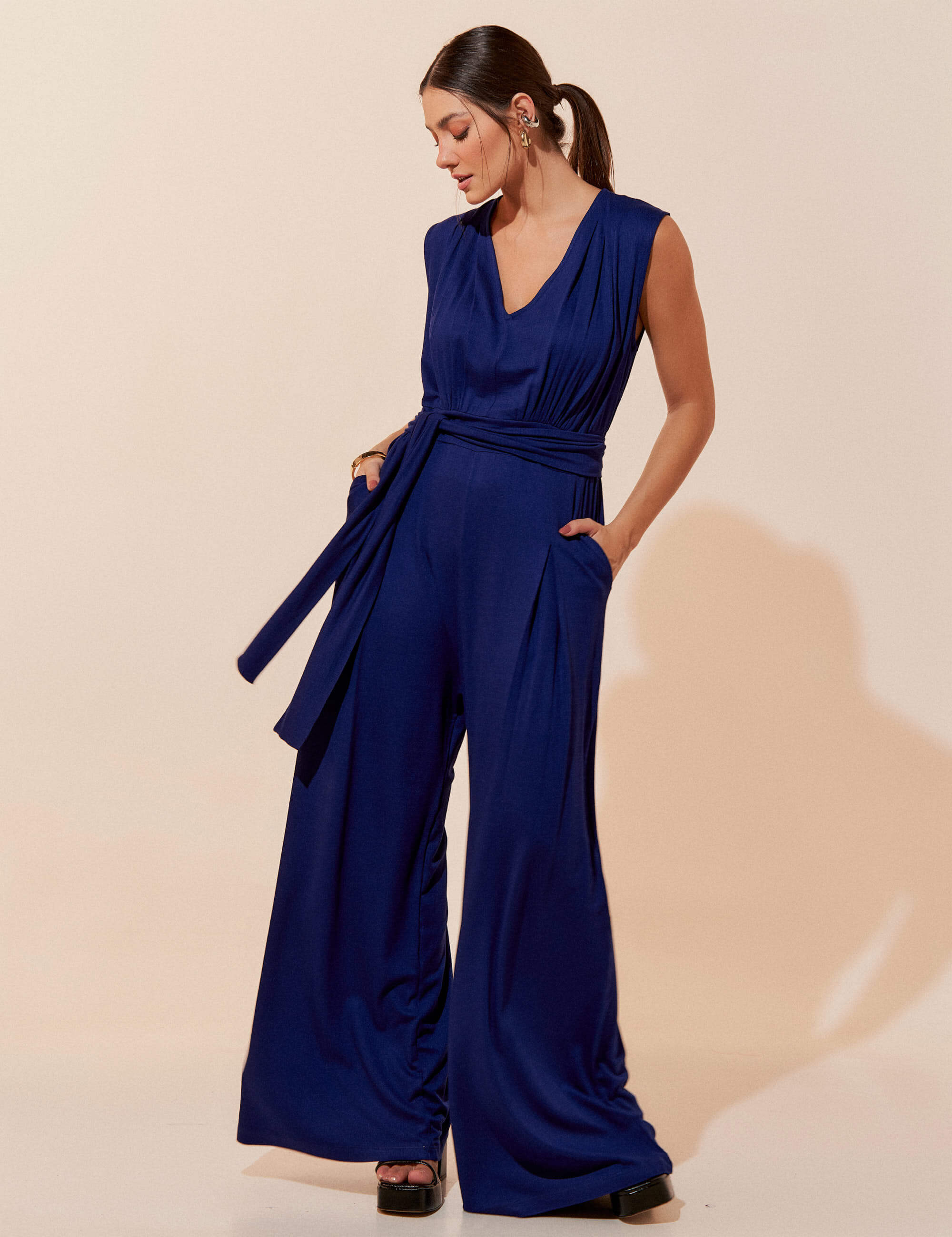 Macacão, longo, amplo, regata, feminino, azul bic, malha, uniforme, verão, novidade, tamanho único, conforto