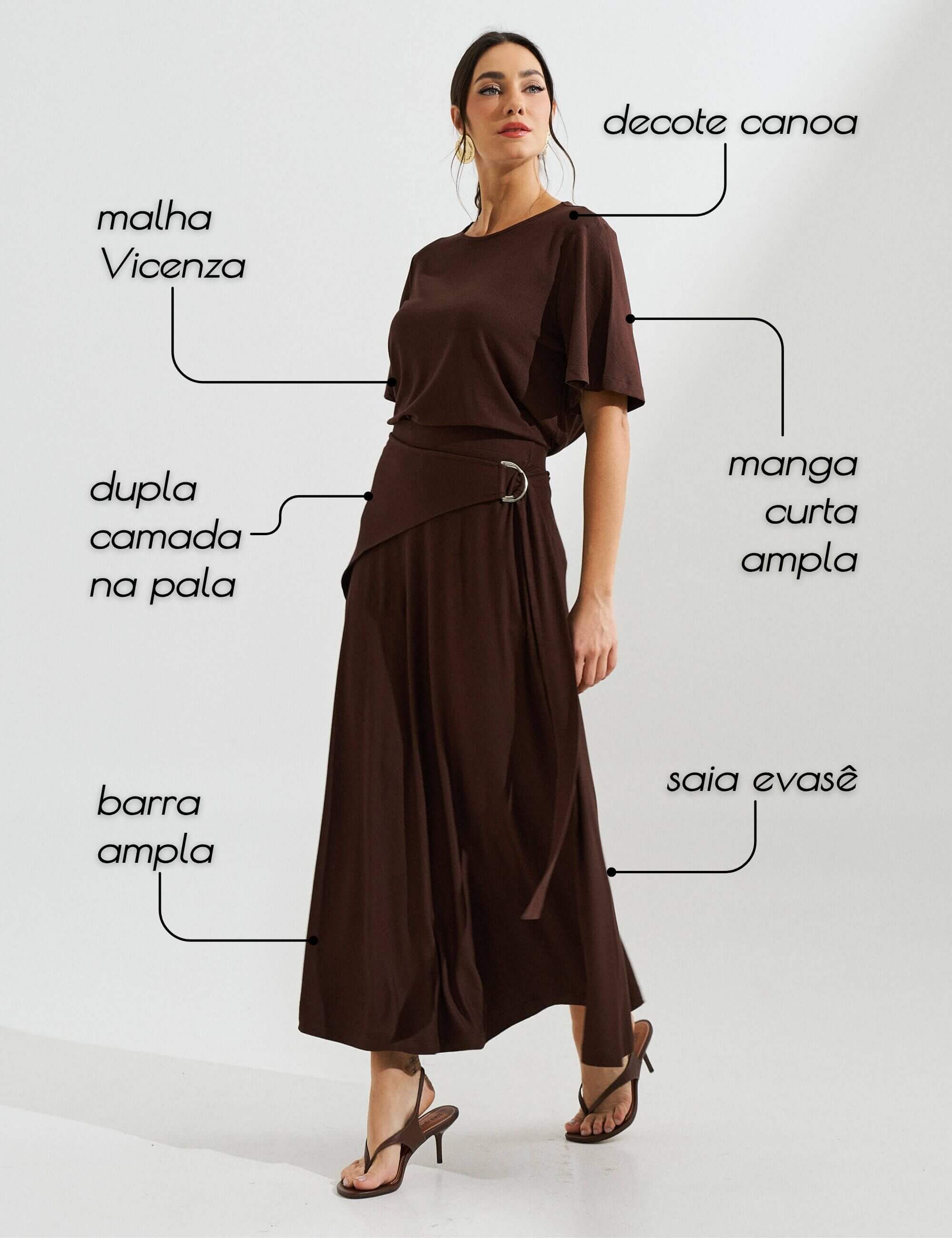 Conjunto de saia Marrom: blusa sino saia midi evasê em malha Vicenza