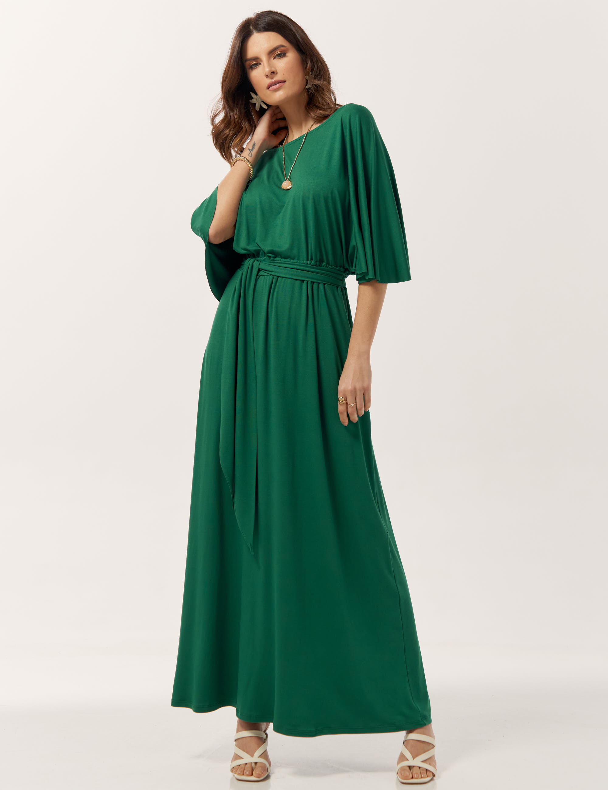 Vestido, feminino, longo, verde, manga curta, malha, verão