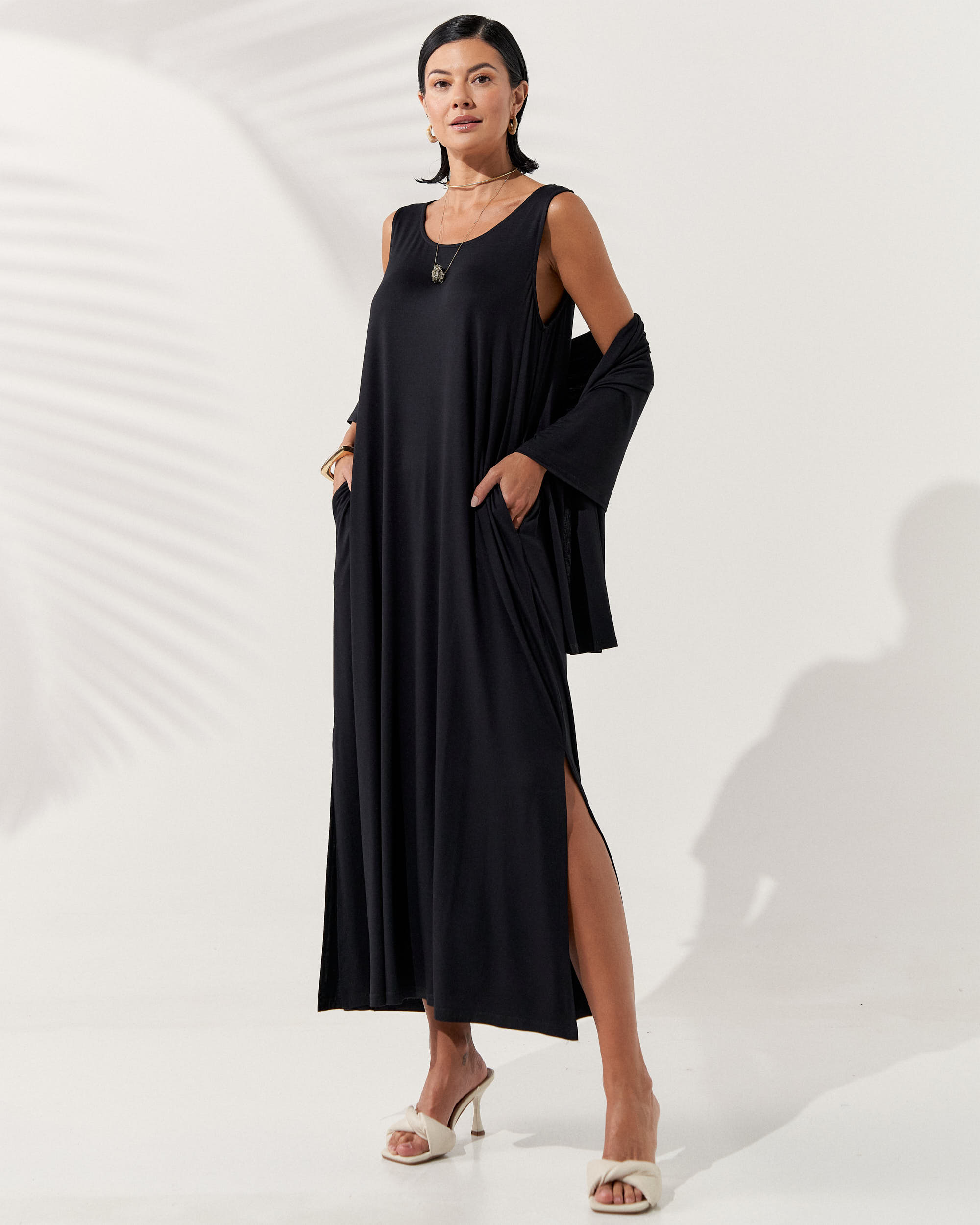 Vestido, midi, longo, manga, regata, ampla, feminino, preto